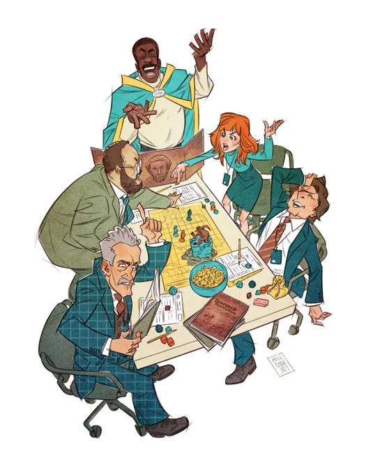 Digital color art of characters from the TV show Severance. The four members of MDR play a DnD-like tabletop game called Tempers & Temptations. Milchick acts as DM, wearing a Lumon branded cloak and standing behind a DM screen with Kier's face on it. Dylan and Helly gesture at the table and argue about something, Irving consults a player's handbook, and Mark leans back in his chair laughing with his palm on his head.