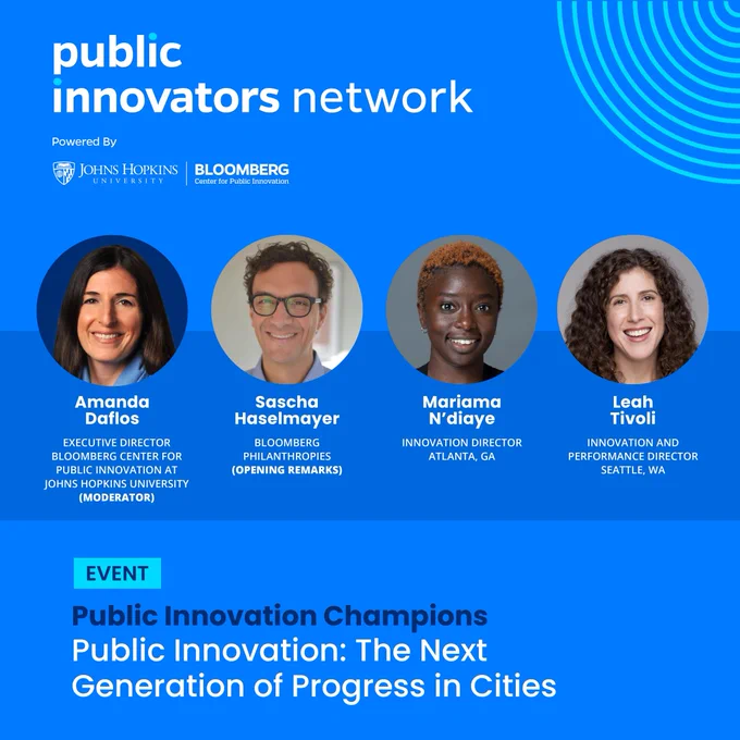 Graphic with text "Public Innovators Network. Event. Public Innovations Champions. Public Innovation: The Next Generation of Progress in Cities. Four headshots embedded: Amanda Daflos; Sascha Haselmayer; Mariama N'diaye; Leah Trivoli