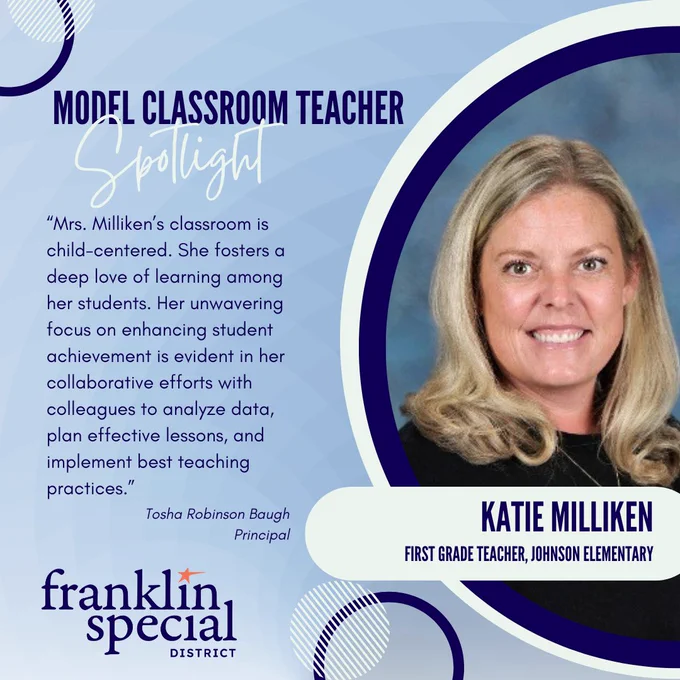 image of teacher smiling in graphic circle with text that says Model Classroom Teacher and Franklin Special logo