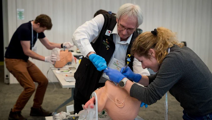 Participants in the The CARE Course workshop with head mannequins.