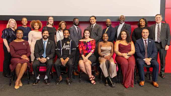 MITRE Be Everything You Are honorees and company leaders. 
Back row, left to right: Julie Bowen, Sarah Andrieux, Adiam Miller, Laura Audino, Linda Desens, Eugene Mangortey, Jaemond Reyes, Kevin Fairbanks, Jimmie Davis Jr., Jasmine O’Hannon, and Mark Peters. 
Front row, left to right: Paulette Huckstep, Nikhil Chintada, Kalendrix Cook, Lisa Wynnyk, Kevline Moyers, Brittany Hayes, and Abraham dela Paz.