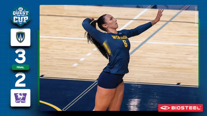 Graphic on blue background featuring action photo of a Windsor women’s volleyball player, along with the final score ‘Windsor 3 Western 2’ on the left side, with the school logos and OUA Quest for the cup logo 