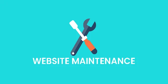 Graphic of crossed wrenches with text that reads, "website maintenance" over a bright blue background.
