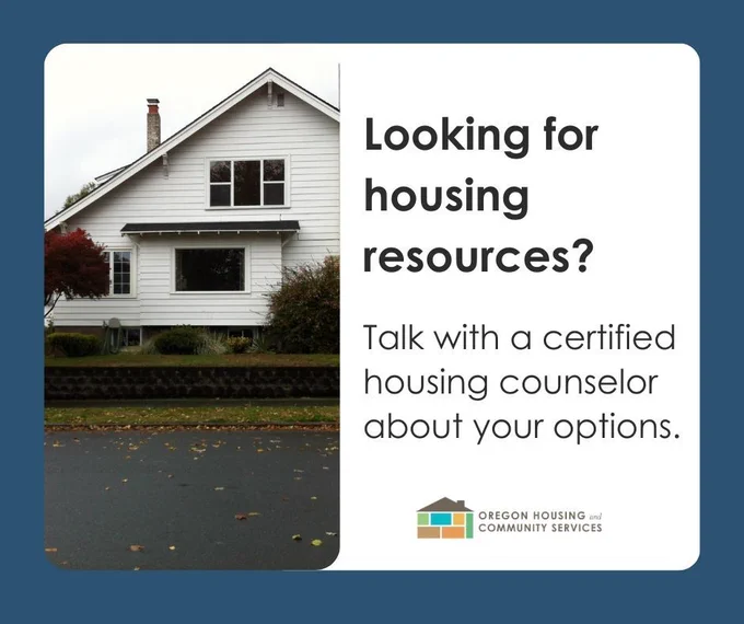 Image featuring a white house with the text "Looking for housing resources? Talk with a certified housing counselor about your options."