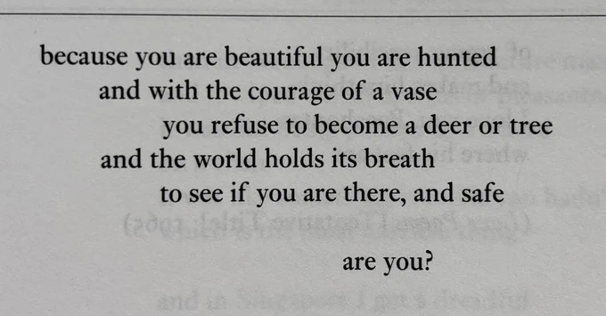 because you are beautiful you are hunted
and with the courage of a vase
you refuse to become a deer or tree
and the world holds its breath
to see if you are there, and safe

are you?