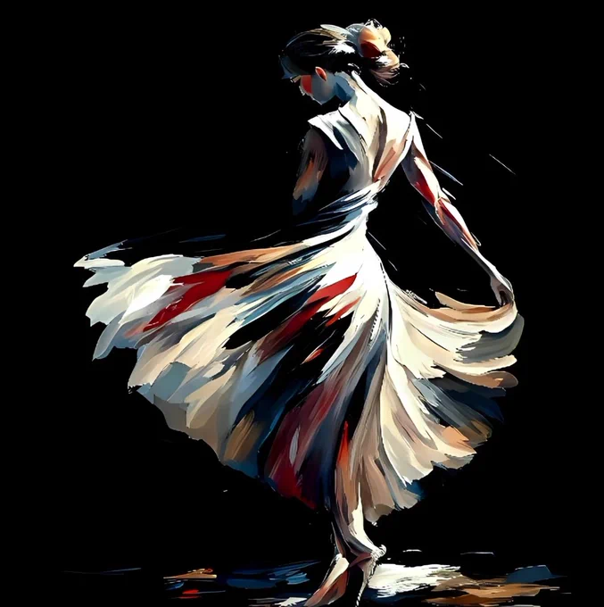 a dynamic and expressive painting of a dancer in motion. The dancer is captured in a graceful pose, with one leg elegantly extended and the other supporting her weight. Her dress, rendered with broad, sweeping brushstrokes, flows around her in a swirl of whites, grays, and hints of red and blue, emphasizing the movement and fluidity of her dance. Her hair is styled in a loose bun, adding to the sense of motion. The background is dark, allowing the vibrant colors and the dancer's form to stand out dramatically, creating a striking contrast that highlights the emotion and energy of the dance. The overall effect is one of elegance and artistic expression, conveying the beauty and grace of dance through abstract and impressionistic techniques.