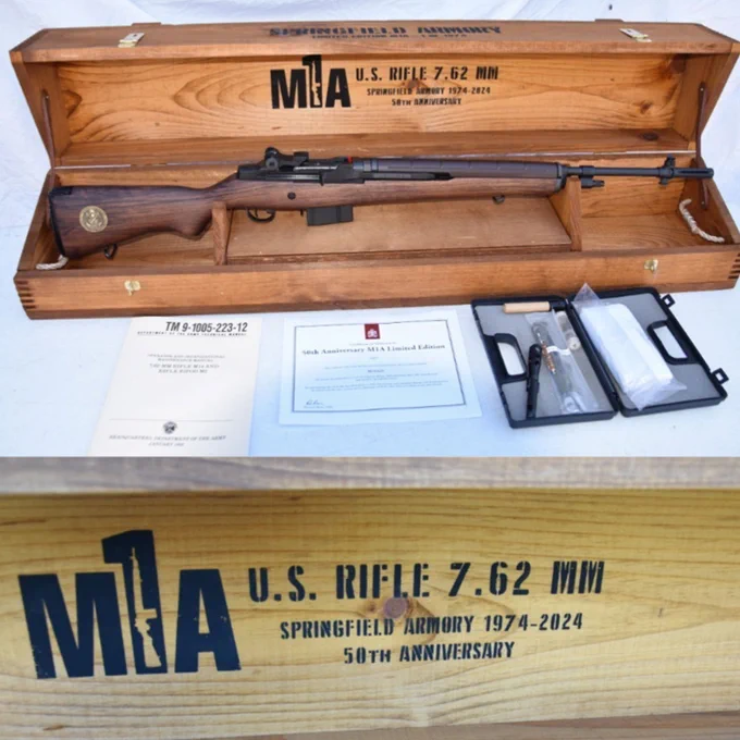 🔥 Springfield Armory SPECIAL 50th Anniversary M1A .308win 1974 
See it here: https://www.gunbroker.com/item/1088671344
Limited Edition Springfield Armory 50th Anniversary M1A, chambered in .308 Win with a 22" barrel. Brand new and comes in its original box. It also includes a unique limited edition display wood crate. Only 1,974 units produced and this particular piece is numbered 1625.
.
#SpringfieldArmory #SpringfieldM1A #gunbroker
