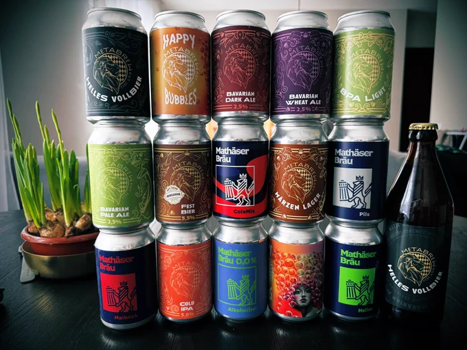 Different beers from MetaBrewSociety. Colorful picture. Beer cans and 1 glass bottle.