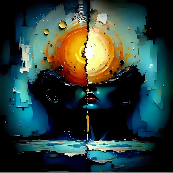 a surreal and abstract composition featuring a human-like face. The face is split down the middle, creating a symmetrical division between two contrasting sides. At the center of the forehead, there is a radiant, sun-like orb emitting warm hues of orange and yellow, surrounded by smaller circular shapes that appear to be orbiting or floating. The face is set against a dark, textured background with shades of blue and green, adding depth and contrast to the vibrant central element. The lips are subtly highlighted in red, drawing attention to the lower part of the face, while the overall impression is one of a cosmic or celestial theme, blending human features with astronomical elements.