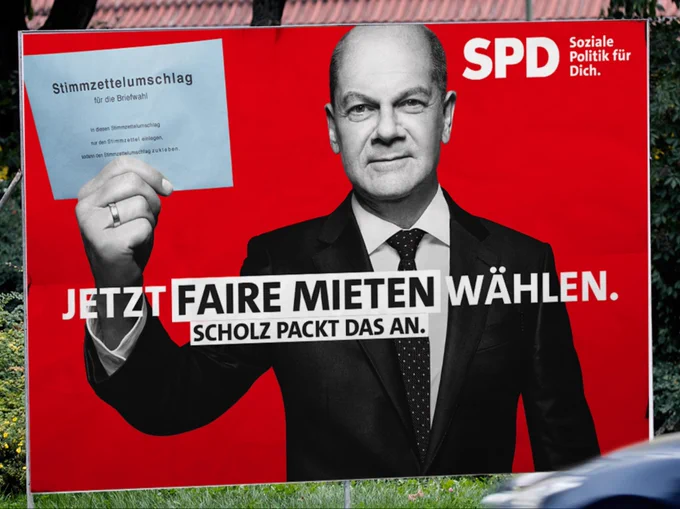 SPD Wahlkampfplakat Bundestagswahl 2021: „Jetzt faire Mieten wählen. Scholz packt das an“