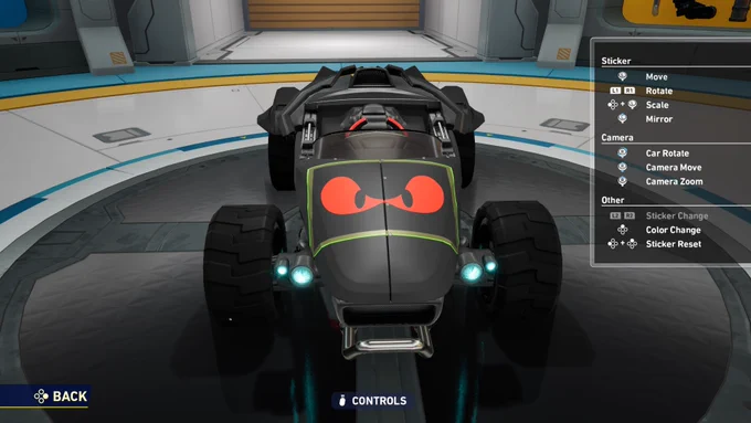 A customised car in Sonic Racing: CrossWorlds. It is painted entirely black and the front has a red sticker in the shape of Sonic's eyes.