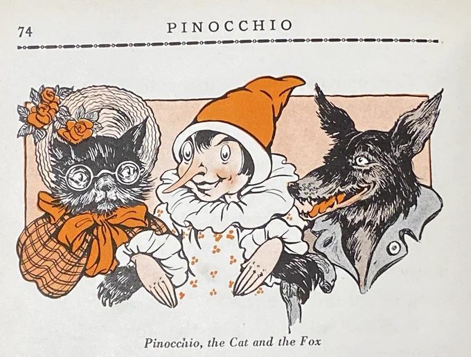 Image of a cat, Pinocchio and a fox (in orange, black, and white colors) from a 1926 children’s book. Their arms (and legs) are positioned in an embrace such that their hands and paws are showing. Cat is wearing eyeglasses and a hat.