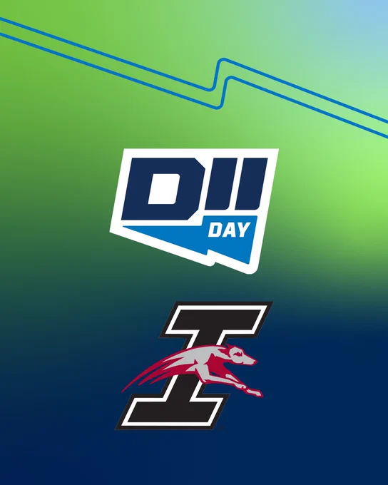 A graphic with logos of DII day and the flying I overtop a blue and green background.