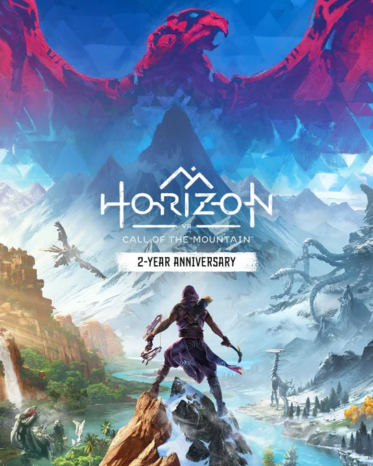 Marketing key art for Horizon Call of the Mountain showing the Ryas on top of a mountain with several machines in the distance. Text reads 2-year Anniversary.