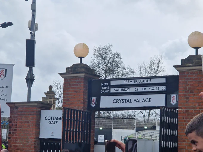 Photo of the next home game sign outside the Cottage, showing Crystal Palace, ko at 15:00