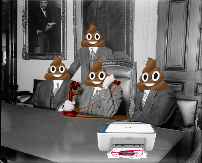 Four men in business-suits sitting around a boardroom table. The center figure is holding an old fashioned phone receiver to his head. All of their heads have been replaced with poop emojis. In the center of the table is an HP inkjet printer. The sheet of paper sticking out of the printer bears an ink-spattered 1950s HP logo. Behind the men are two oil paintings of men in suits; only one of the faces of the men in the paintings is in frame. That face has been replaced with the face of David Packard.