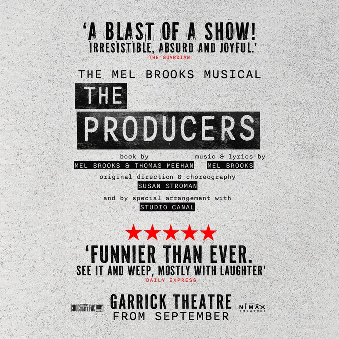 Artwork for THE PRODUCERS, transferring to the Garrick Theatre from September.