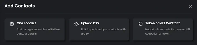Import contacts to the DropChain CRM as individual contacts, with a CSV list, or with a token or NFT contract