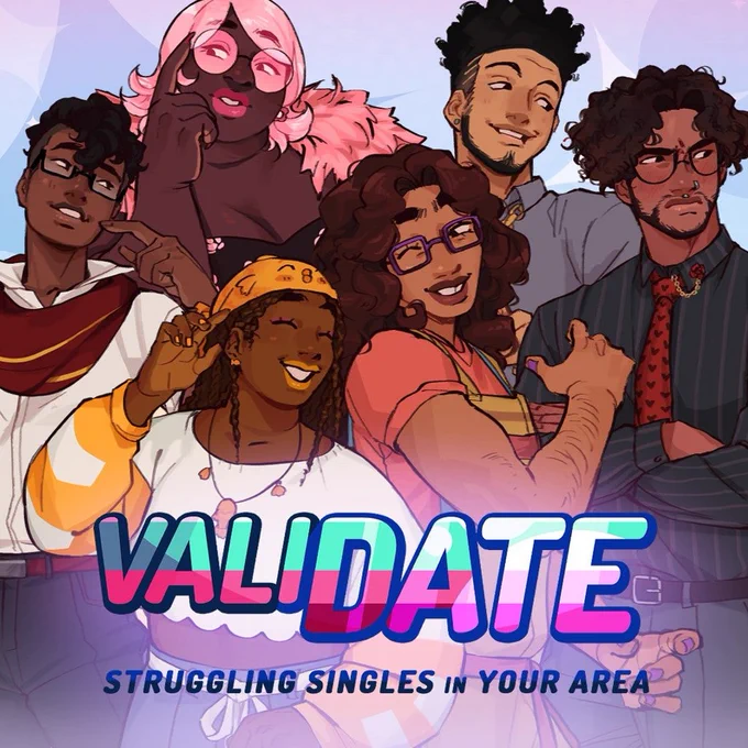 Image is an illustration of characters from the game ValiDate that include people of multiple races, body type, and gender posing in a fun and flirty manner