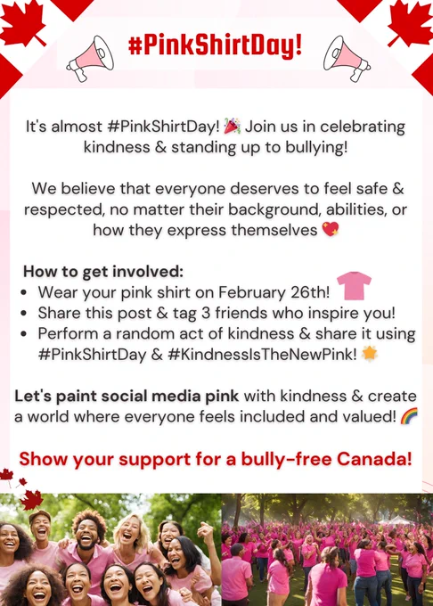 Pink Shirt Day on February 26, Be kind and stand against bullies!