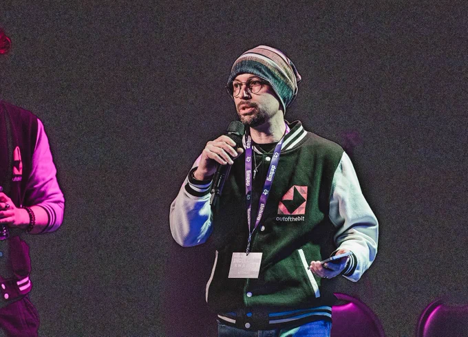 Ali Motisi from OutOfTheBit on stage at Debug Indie Game Awards 2025
