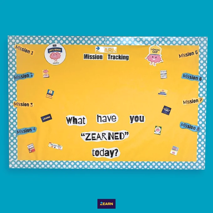 Bulletin board with the text "What have you 'ZEARNED' today?" and the Zearn logo at the bottom. There are cartoon pig stickers and labels from Mission 1 to Mission 8 arranged around the edges.