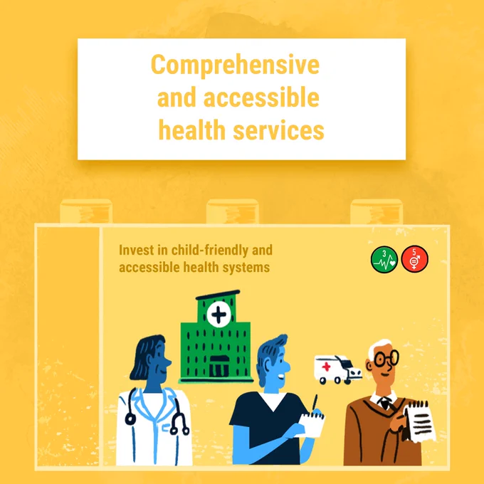 An illustration advocating for health services that are inclusive and available to all children.