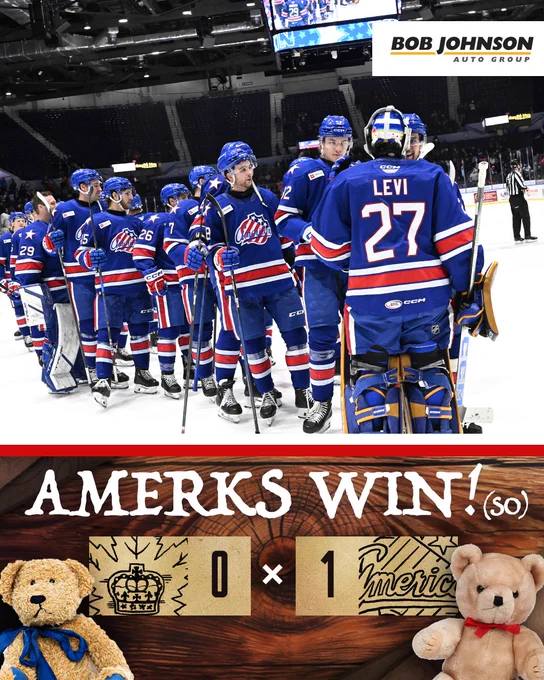 An intermission score graphic, featuring a photo of the Amerks, in blue jerseys, celebrating the win. At the bottom of the graphic are the following score details: 

AMERKS WIN! (SO)

Marlies 0 | Amerks 1