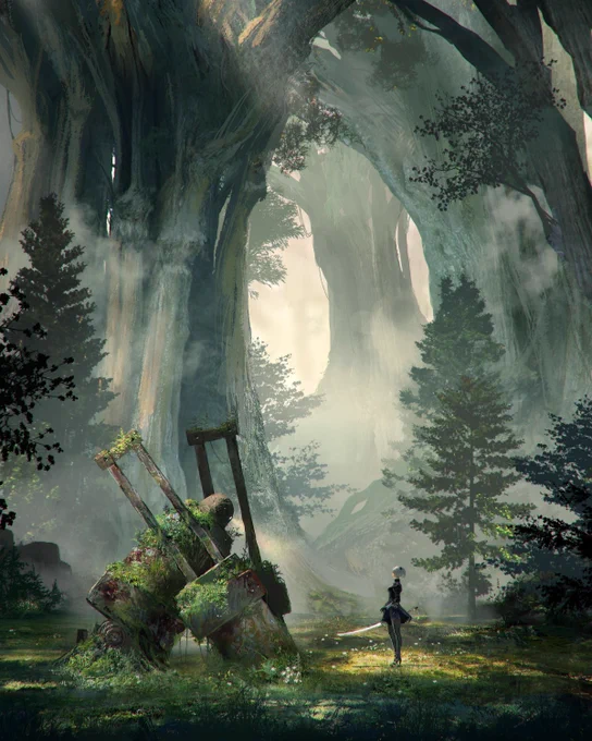 An illustration of 2B standing in a forest clearing looking up at a dliapidated goliath biped unit. covered in overgrown foliage.