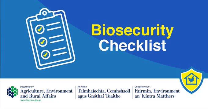 Graphic: Blue background which includes a graphic depicting a checklist and text which reads: “Biosecurity Checklist”. The Department of Agriculture, Environment and Rural Affairs logo is placed at the bottom on a white background.