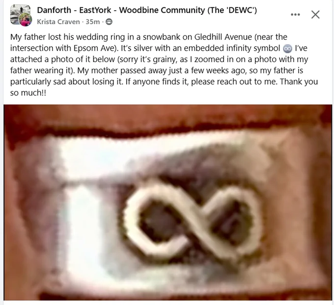 Image of a white gold wedding band with an infinity symbol. It was lost in a snowbank on Gledhill Avenue near the intersection with Epsom Ave.