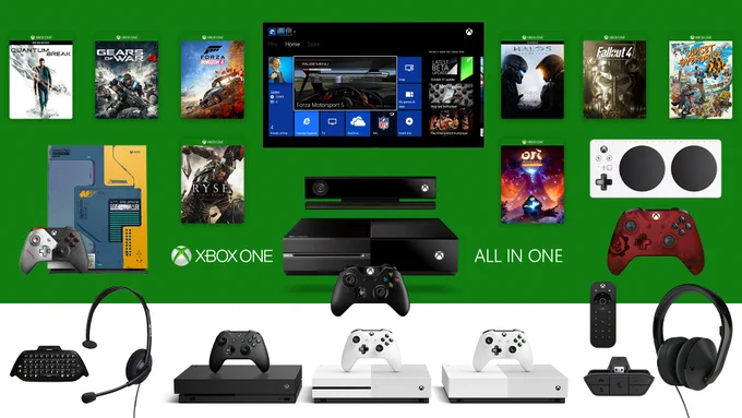 A collage style image featuring games, hardware, services, and accessories from the Xbox One generation
