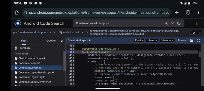 https://cs.android.com/androidx/platform/frameworks/support/ /androidx-main:constraintlayout/constraintlayout-compose/src/androidMain/kotlin/androidx/constraintlayout/compose/ConstraintLayout.kt;l=454?q=ConstraintLayout compose