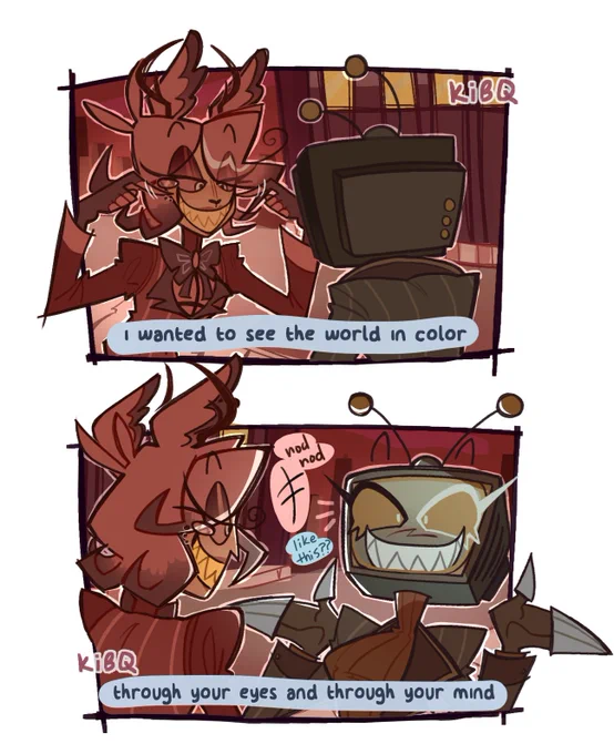 The first panel shows past Alastor gesturing to past Vox to smile, with the lyrics "I wanted to see the world in color." The second panel shows past Vox with a bright smile, and past Alastor nodding in approval, with the lyrics "through your eyes and through your mind."