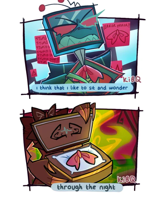 The third panel shows present Vox bitterly looking down at her bowtie in her surveillance room, with the lyrics "I think that I like to sit and wonder." The fourth panel shows past Alastor holding an opened box with Vox's bow inside in her radio tower to gift to Vox. The opening of the box emits green flames, and the lyrics are "through the night."