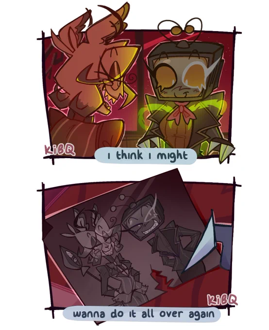 The fifth panel shows past Vox happily looking down at her new bow as past Alastor ties it in place with her powers, with the lyrics "I think I might." The sixth panel shows present Vox looking down at an old photo of Allie and Vox together in the past, with both of them smiling. The photo is torn a little in the middle, and the lyrics are "wanna do it all over again."