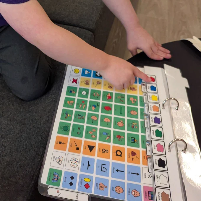 Photo where a child's hand can be seen pointing to a strip of symbols attached to the top of a communication board. 