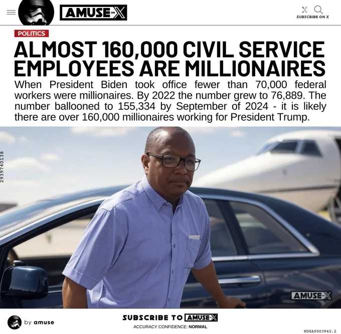 When President Biden took office fewer than 70,000 federal workers were millionaires. By 2022 the number grew to 76,889. The number ballooned to 155,334 by September of 2024 - it is likely there are over 160,000 millionaires working for President Trump.