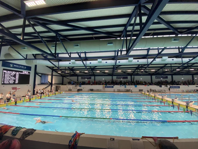A panoramic shot of a swimming pool