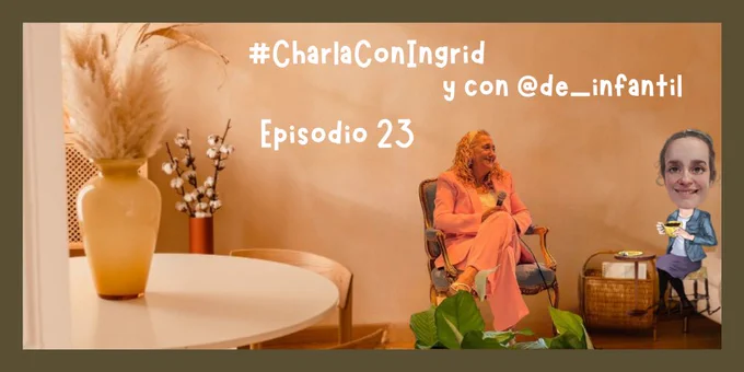 Cartel de la charla. Mi avatar a la derecha. Lola en medio. Las dos sentadas.
