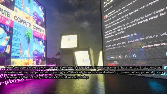 individualism in the dead-internet age　スクリーンショット４枚
巨大なパソコンモニターと監視カメラと現在のインターネットの主戦場が巨大テック企業の寡占となっていることに対する作者のステートメント（英語）