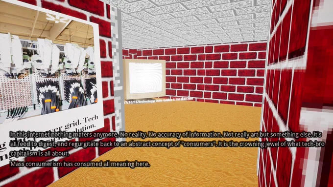 Windowsの昔の３Dスクリーンセーバー風の廊下の奥にパソコンがいる。現代のインターネットに関する作者のステートメント（英語）