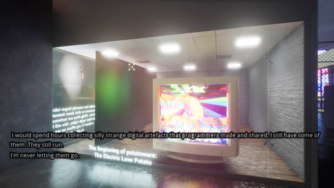 じゃが芋（作者が過去に作ったデスクトップペットのフリーソフト）が映ったパソコンモニターがガラス張りの部屋の中に閉じ込められている