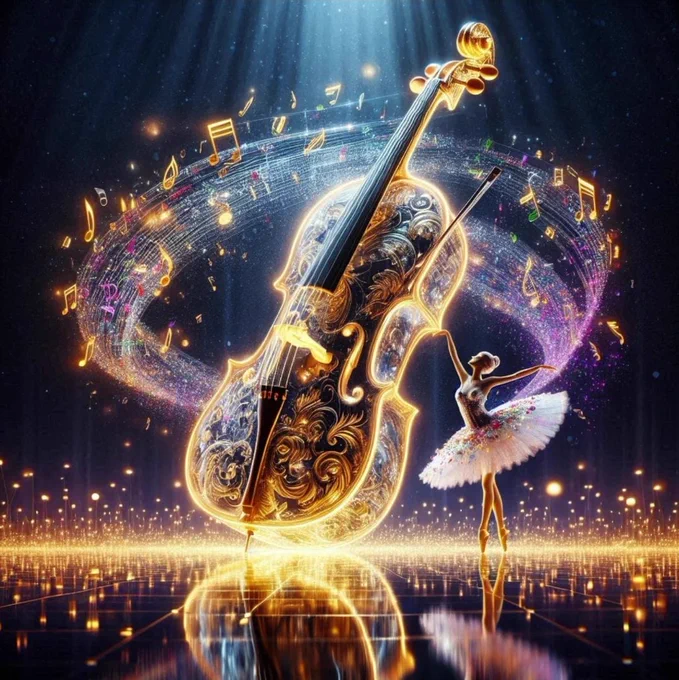 a magical and whimsical scene centered around an enormous, ornate violin that appears to be glowing with golden light. Surrounding the violin are swirls of colorful musical notes and sparkles, creating a sense of movement and enchantment. A ballerina in a delicate white tutu stands poised gracefully beside the violin, as if dancing to its ethereal music. Her elegant posture and the flowing lines of her costume complement the vibrant energy of the scene. The background is a dark, starry expanse, enhancing the mystical atmosphere, while the floor reflects the radiant lights and colors, adding depth and a dreamlike quality to the composition.