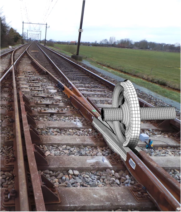 A railway track features an overlaid 3D wireframe model of a wheelset and rail components