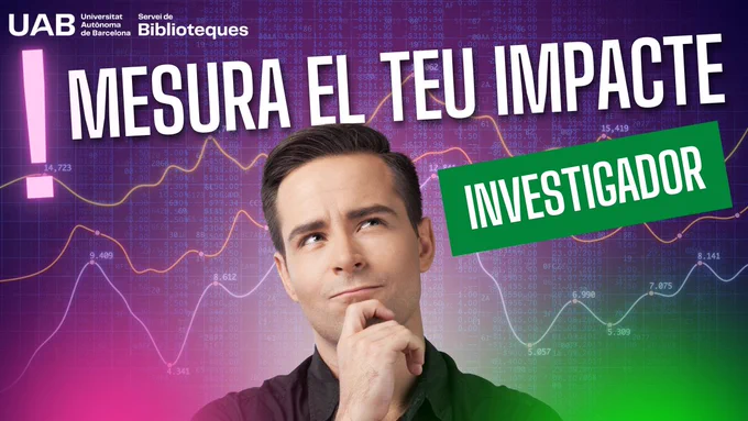 Home amb actitud pensativa. Text d'acompanyament: Mesura el teu impacte investigador