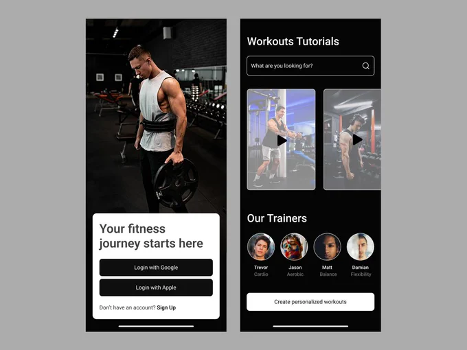 A user interface for a mobile app for workout tutorials. There are only 2 screens here, the login screen and the tutorials screen. 
