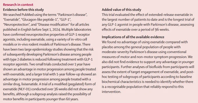 Research in context for "Exenatide once a week versus placebo as a potential disease-modifying treatment for people with Parkinson's disease in the UK: a phase 3, multicentre, double-blind, parallel-group, randomised, placebo-controlled trial" © The Author(s). Published by Elsevier Ltd. CC BY 4.0