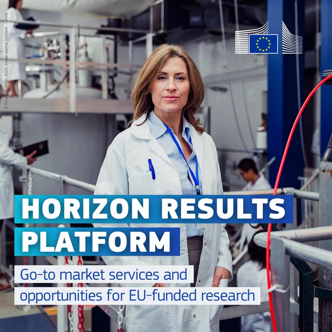 A picture with a scientist, accompanied by the text: Horizon results platform. Go-to market services and opportunities for EU-funded research.