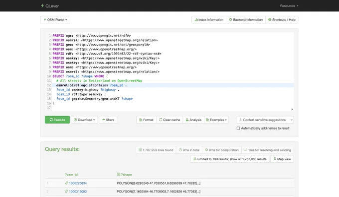 SPARQL query to get all streets in Switzerland, on the OpenStreetMap dataset (~250 billion triples)
